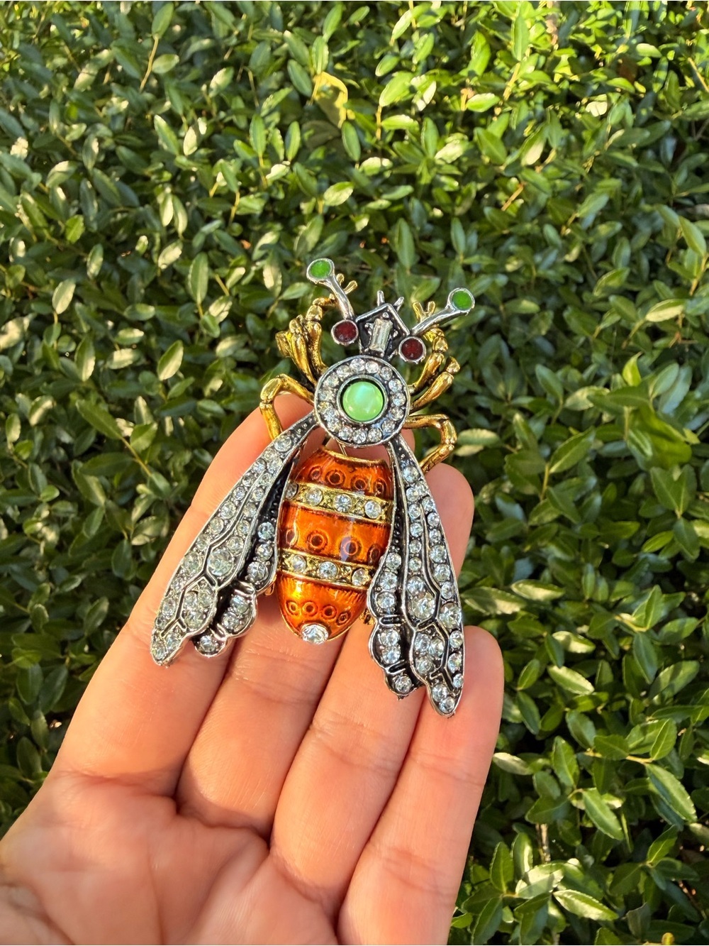 Enamel and Crystal Bee Brooch in Orange and Gold Tones - Picture 4 of 4